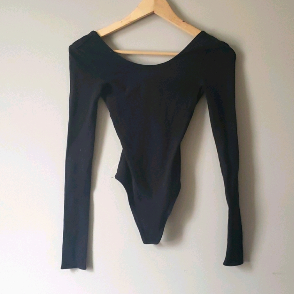 Wilfred black long sleeve low back thong bodysuit